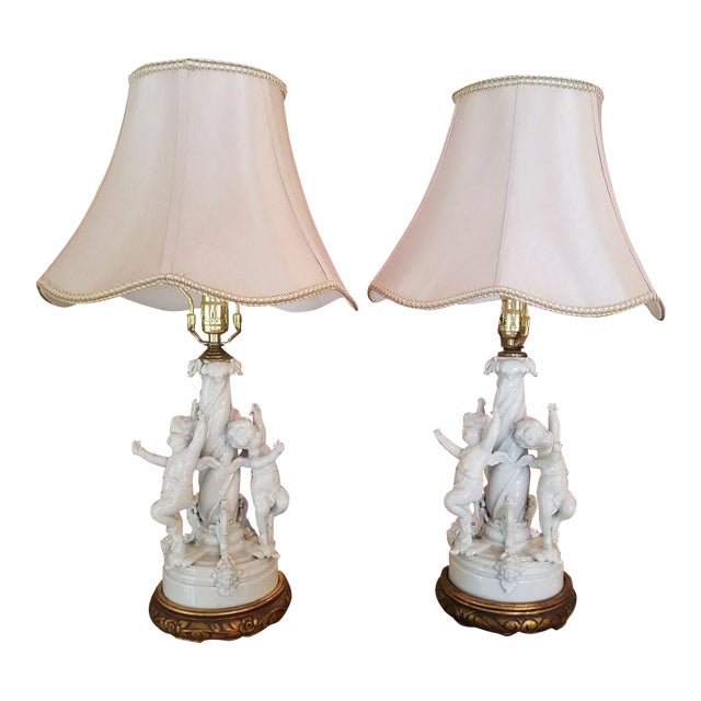 1980s Vintage Blanc De Chine Putti Lamps - A Pair For Sale