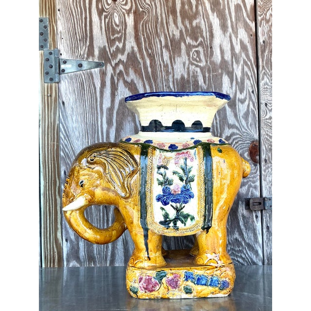 Chinoiserie Vintage Regency Glazed Ceramic Elephant Low Stool For Sale - Image 3 of 12