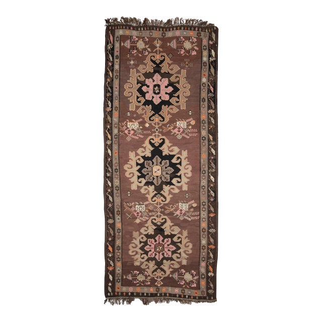 Brown Turkish Vintage Handmade Kilim Wool Runner Rug 70's For Sale
