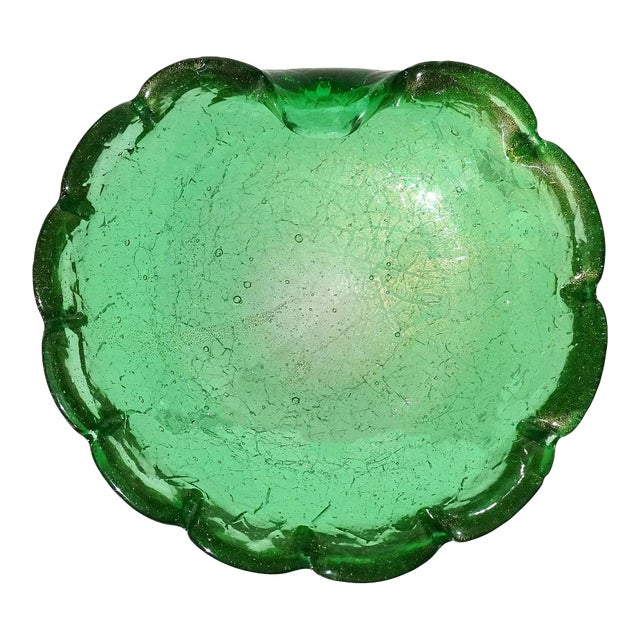 Murano Vintage Green Crackle Surface Gold Flecks Italian Art Glass Decorative Scallop Rim Bowl For Sale