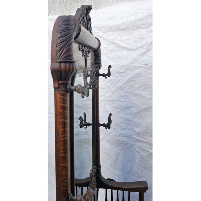 Monumental Antique American Tiger Oak Hall Tree With Mirror & Lift-Top Seat, C. 1890s For Sale - Image 11 of 18