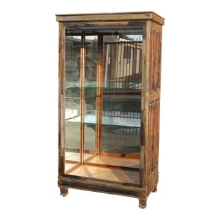 Antique 1940s Rustic Wooden Display Cabinet With Interior Mirror For Sale