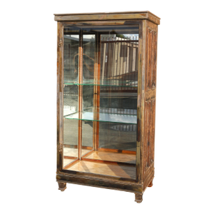 Antique 1940s Rustic Wooden Display Cabinet With Interior Mirror