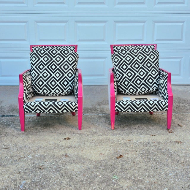 Sam Moore Hooker Furniture Fuschia Black & White “Nadia” Exposed Wood Bergere Lounge Chairs, a Pair For Sale - Image 9 of 12