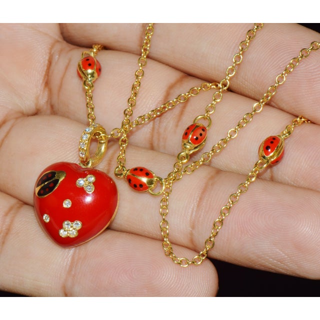 Aaron Basha 18k Gold Diamond Enamel Ladybug Puffy Heart Pendant Necklace For Sale In Dallas - Image 6 of 14
