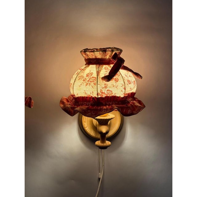 1970s Swedish Pinewood Wall Lamps with Floral Textile Shades, 1970s, Set of 2 For Sale - Image 5 of 18