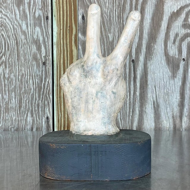 Vintage Boho Matte Ceramic Hand on Wooden Plinth For Sale - Image 4 of 7