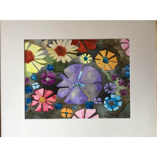 Original vintage mid century watercolor painting a floral abstract. Presented matted and framed.