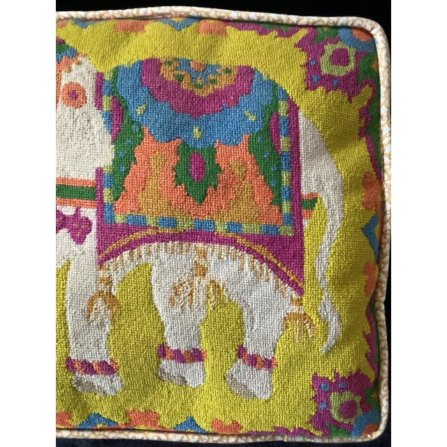 1970s Vintage Hand Made Needlepoint Pillow Indian Style Decorated Elephant For Sale - Image 5 of 12