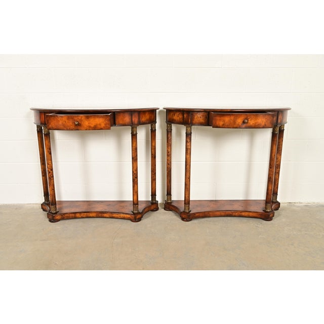 Late 20th Century Maitland Smith Style French Empire Burl Wood and Gold Gilt Demilune Console Tables, Pair For Sale - Image 5 of 12