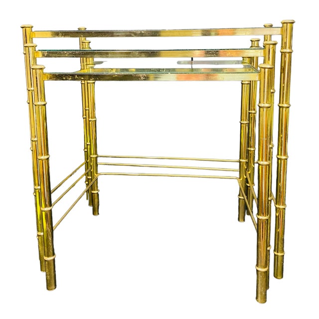 1970's Brass Faux Bamboo Nesting Tables With Glass a Set of 3 For Sale In Tampa - Image 6 of 12
