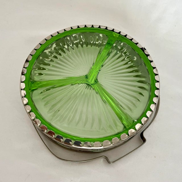 Green Vintage Green Depression Glass Silver Relish Tray For Sale - Image 8 of 8