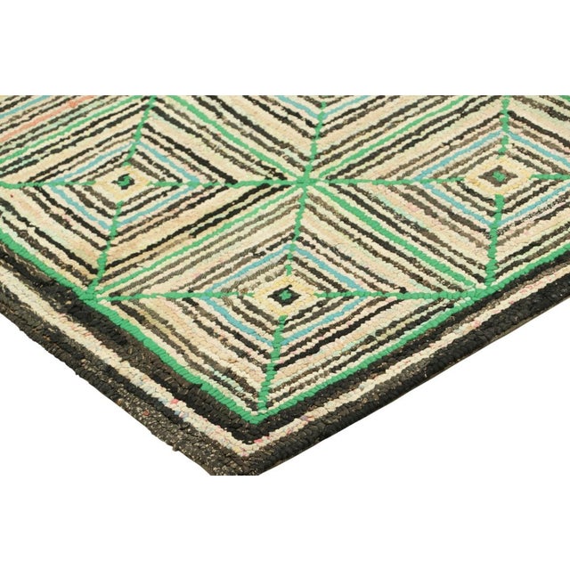 Antique Hooked Square Rug in Beige and Green Geometric Patterns | Rug & Kilim For Sale In New York - Image 6 of 7