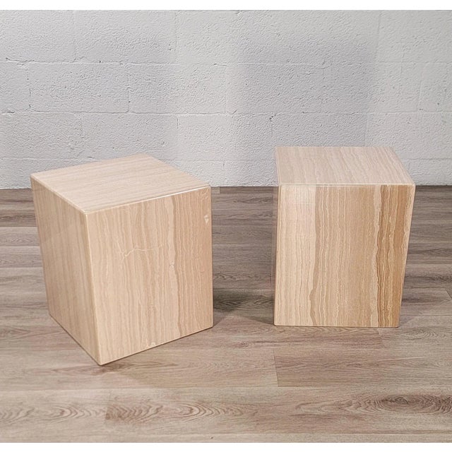 Clean pair of polished travertine cubes from circa late 1970s to early 1980s. Simple, neutral and versatile. Use as side...
