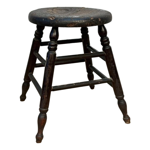 Antique Primitive Farmhouse Black Wood Round Milking Stool For Sale