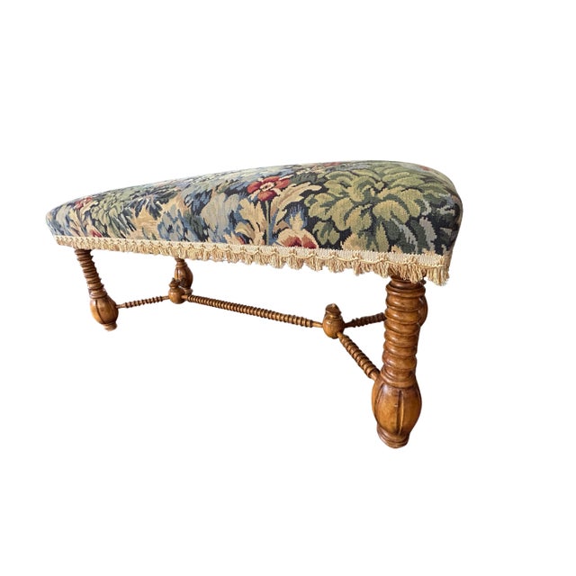 Baker Furniture Company Vintage Jacobean Tapestry Hall Bench With Turned Wood Legs, Scalloped Fringe & Upholstered Floral Seat For Sale - Image 4 of 12
