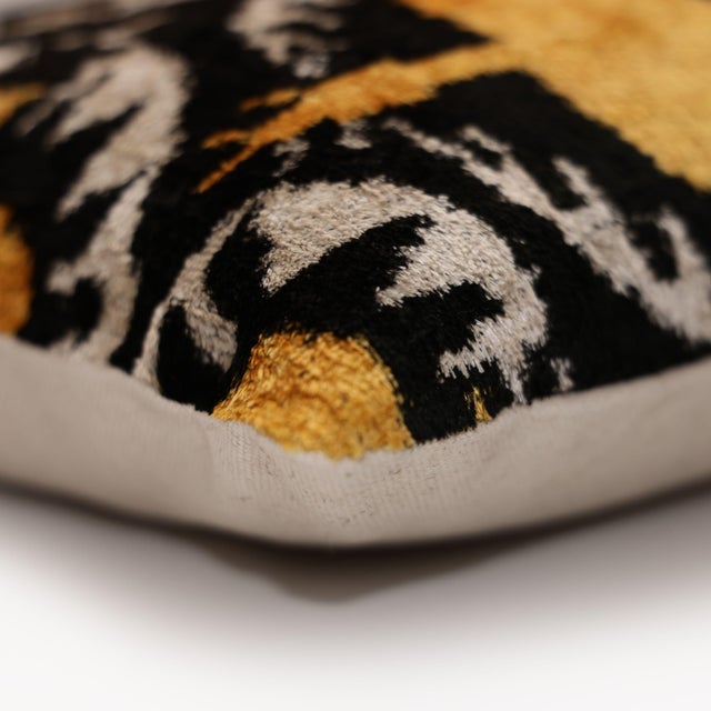 Luxury Black and Gold Silk Velvet Ikat Lumbar Pillow 16x24 Inch With Down Insert For Sale - Image 4 of 8