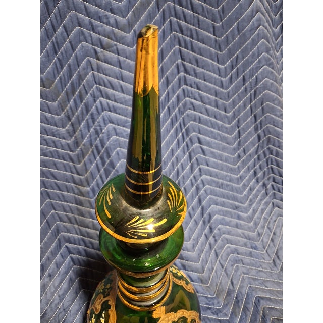 Victorian 19th Century Bohemian Emerald Green Enameled & Gilt Glass Decanter With Stopper For Sale - Image 3 of 4