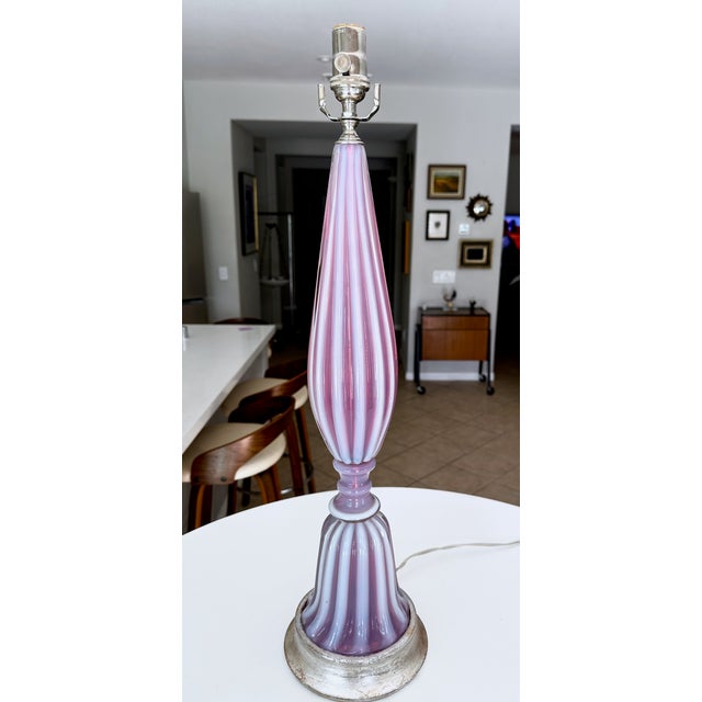 Large Raspberry Lavender Opaline Murano Glass Ribbed Table Lamp by Barovier For Sale - Image 16 of 16