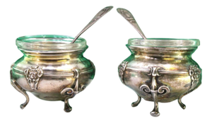 Silver Salt and Pepper Shakers with Glass Cores and Embossed Spoons, Set of 4