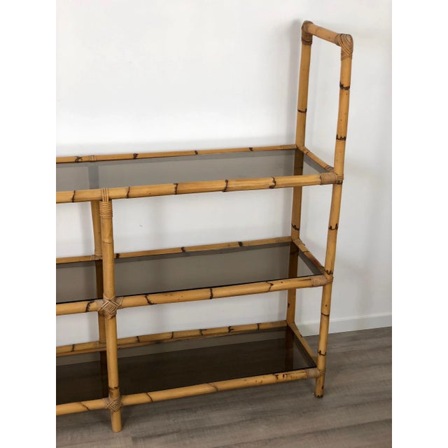 Bamboo Rattan & Smoked Glass Console Bookcase, Italy, 1960s For Sale - Image 6 of 13