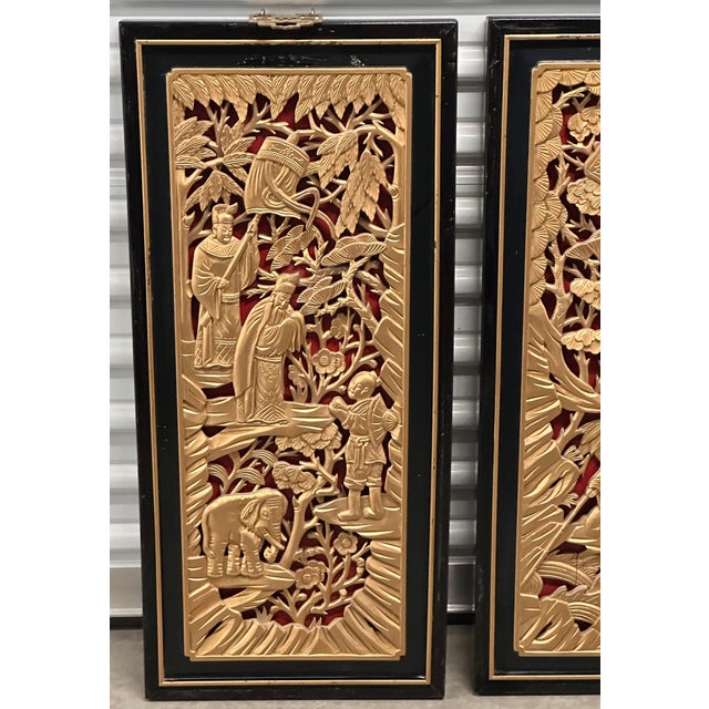 Chinese Gilded Hand-Carved Wood Lacquer Scholars Relief Wall Decor Panel Set For Sale - Image 10 of 12