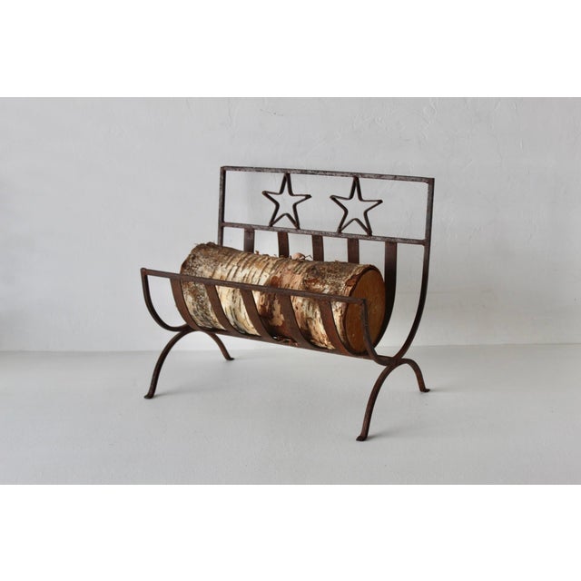 Rustic Western Style Wrought Iron Fireplace Log Holder Open Stars Cutouts Detail Vintage For Sale - Image 13 of 13