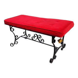 Mid-20th Century George Koch & Sons Spanish Revival Wrought Iron Bench With Red Tufted Velvet Seat For Sale