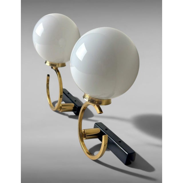 Maison Lunel Mid 20th Century Maison Lunel Style Pair of French Modernist Brass and Opaline Glass Sconces - a Pair For Sale - Image 4 of 18