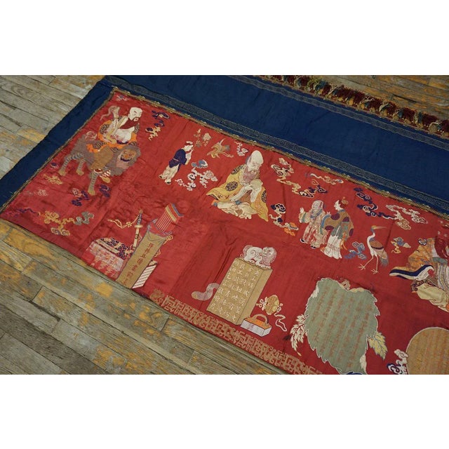 19th Century Chinese Pictorial Embroidery Textile (3' 6'' x 11' 4'' - 107 x 345) Antique Textile Hallway Runner Wool Red...