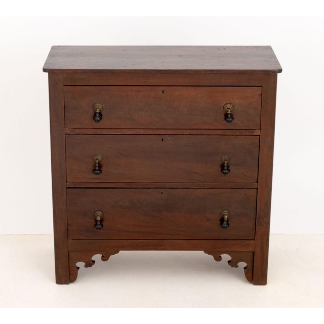 Arts and Crafts Style Oak Chest of Drawers, with three drawers and brass geometric drawer pulls. 36.25" H x 36.25" W x...