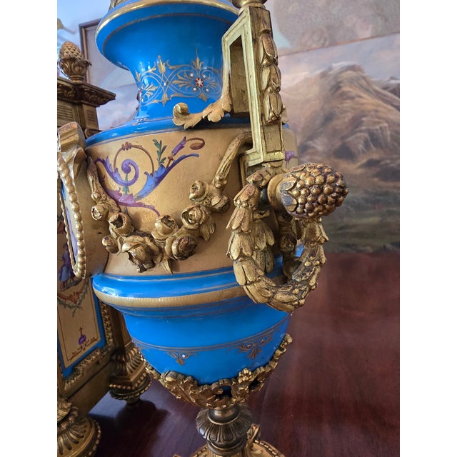 Bronze Antique Sevres Style Jeweled Clock Set Ormolu Bronze For Sale - Image 8 of 18