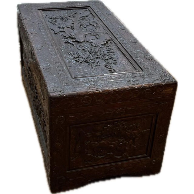 Vintage Large Chinese Carved Camphor Wood Storage Chest For Sale - Image 4 of 12