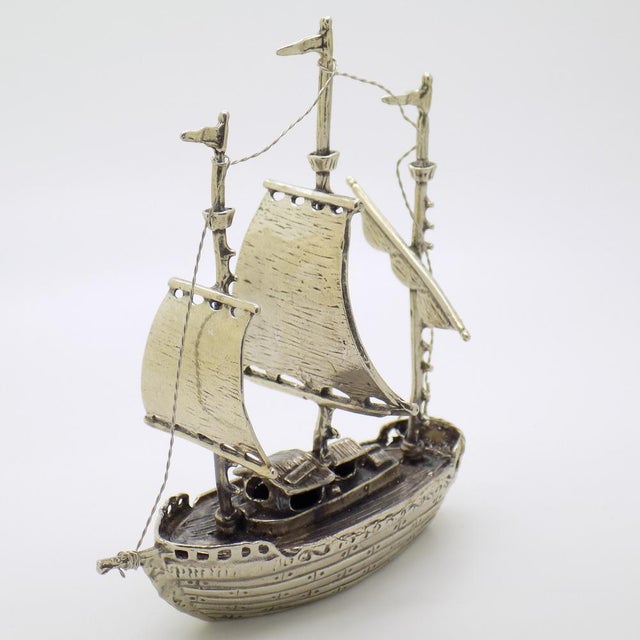 1980s Large Vintage Italian Silver Galleon Sailing Ship Figurine, 1980s For Sale - Image 5 of 16