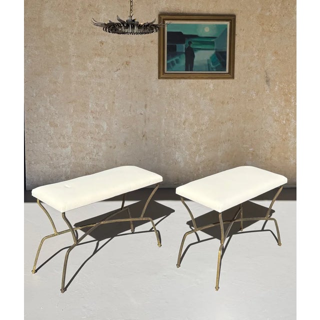 White Pair of Spanish Mid-Century Modern Style Gilt Iron Benches With X-Stretchers For Sale - Image 8 of 18
