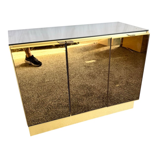 1980s Postmodern Smoked Mirror and Gold Credenza For Sale