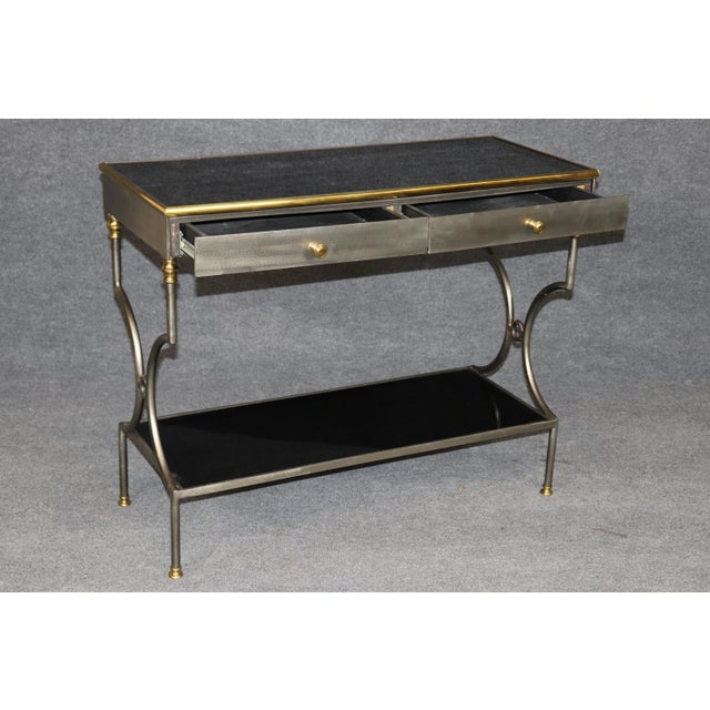 John Vesey John Vesey Attributed Steel & Brass Two Teir Console W/ Black Glass For Sale - Image 4 of 13