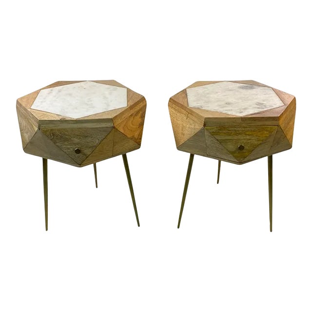 Early 21st Century Modern Italian Multi Faceted Hexagonal Wood & Marble Tripod Tables - A Pair For Sale