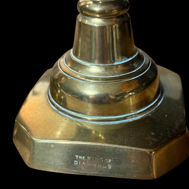 Victorian Brass Candlestick Holders Antique Victorian Brass King of Diamonds Candlestick Holder Pair, C. 1897 Diamond Jubilee Push-Up Holders For Sale - Image 3 of 9
