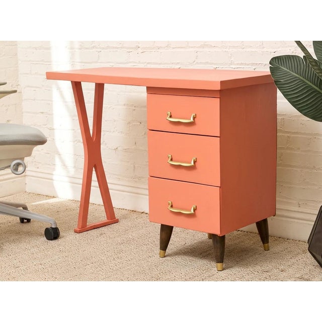 Vintage Peach Single Pedestal Desk For Sale - Image 4 of 9