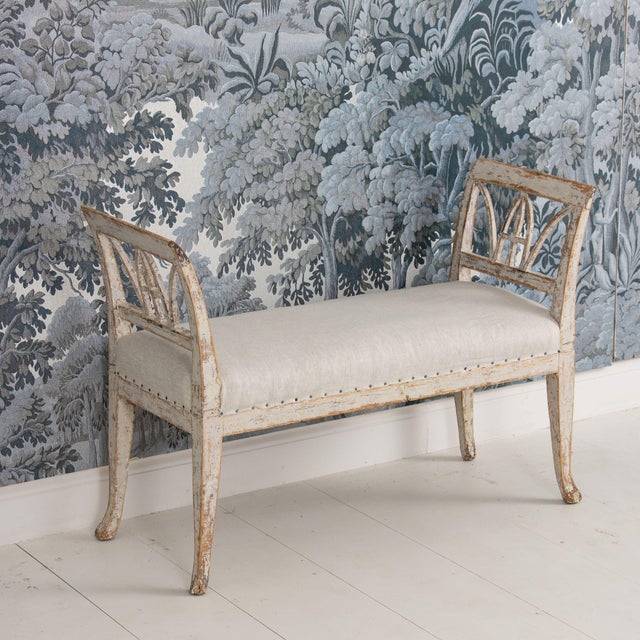 Light Gray 19th C. Swedish Gustavian Lindome Painted Window Bench For Sale - Image 8 of 11