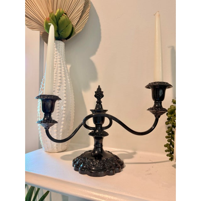 Black Vintage Black Powder-Coated Brass Two-Arm Candelabrum With Grape & Vine Detail For Sale - Image 8 of 10