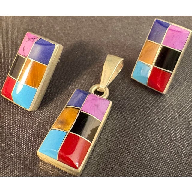 Mexican Sterling Silver Channel Inlay Multi-Stone Earrings W/ Matching Pendant .925 Mexico For Sale In Greensboro - Image 6 of 9