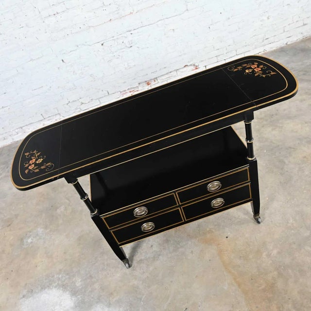 Stunning vintage Regency style Drexel black & gold detailed drop leaf rolling server, dry bar, or beverage cart. Beautiful...