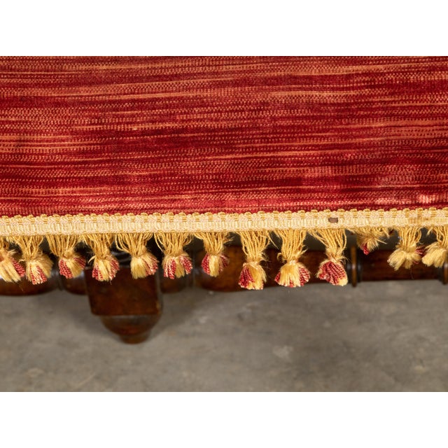 Italian 1820s Walnut Bench with Red Fabric, Turned Legs and Stretchers For Sale - Image 11 of 11