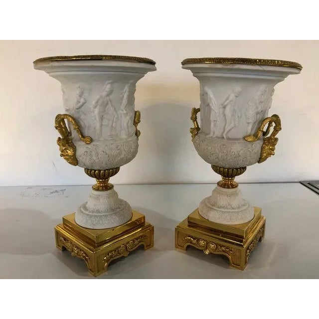 Neoclassical Sevres Parian and Doré Bronze Mounted Urns or Vases 1920s a Pair For Sale - Image 9 of 11