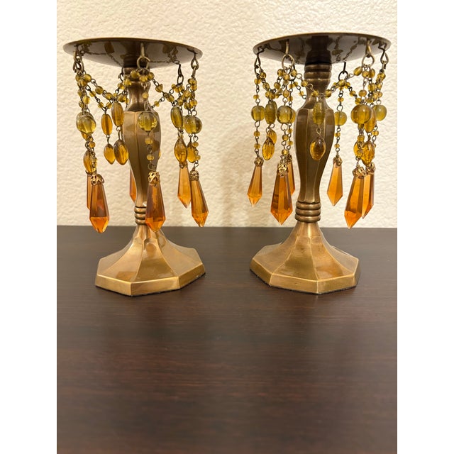 Mid-Century Modern Brass and Amber Prism’s Candle Holders For Sale - Image 3 of 5