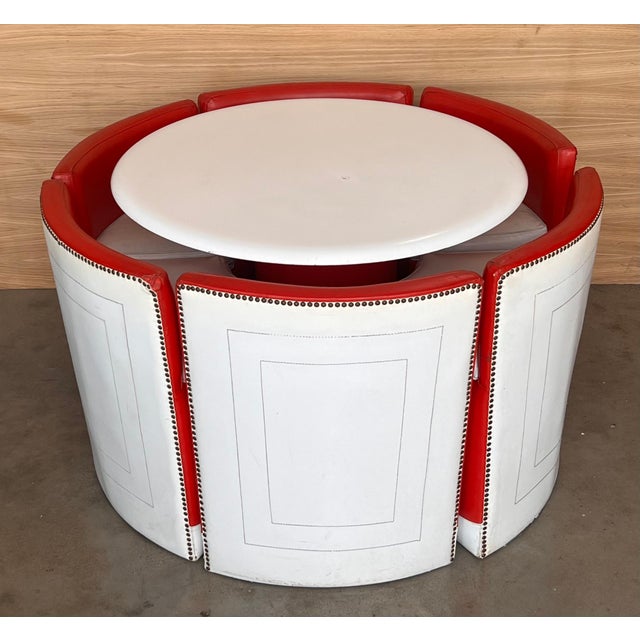 Set of Vintage Round table with Six Chairs in Red and White Leather For Sale - Image 17 of 18