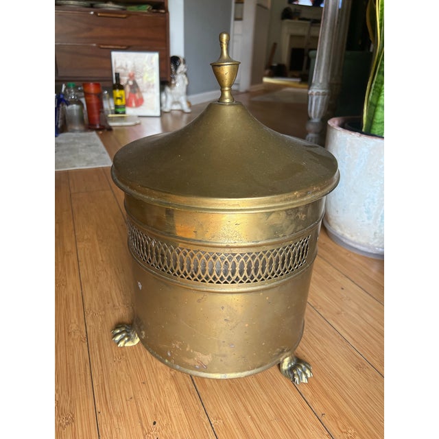 Mid-Century Modern Footed Pierced Brass Coal Scuttle Bucket For Sale - Image 3 of 7