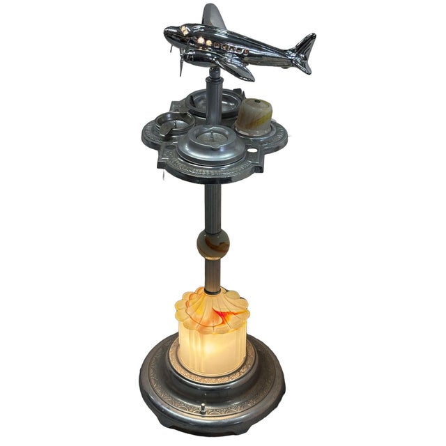 Art Deco 1930s Art Deco Light Up Airplane Chrome Ashtray Stand W/ Electric Lighter & Art Glass Base For Sale - Image 3 of 9